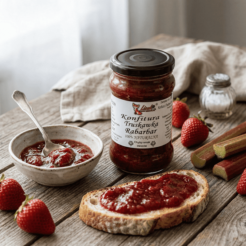 Konfitura naturalna truskawka rabarbar 370g. Pyszna w każdej postaci