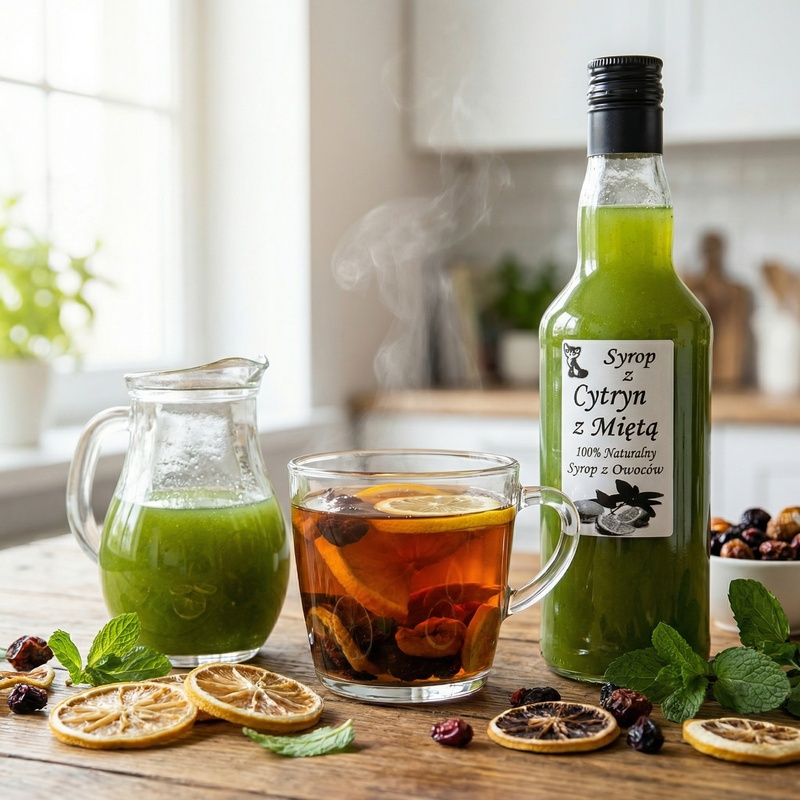 Syrop z Cytryn z miętą naturalny 500ml na stole