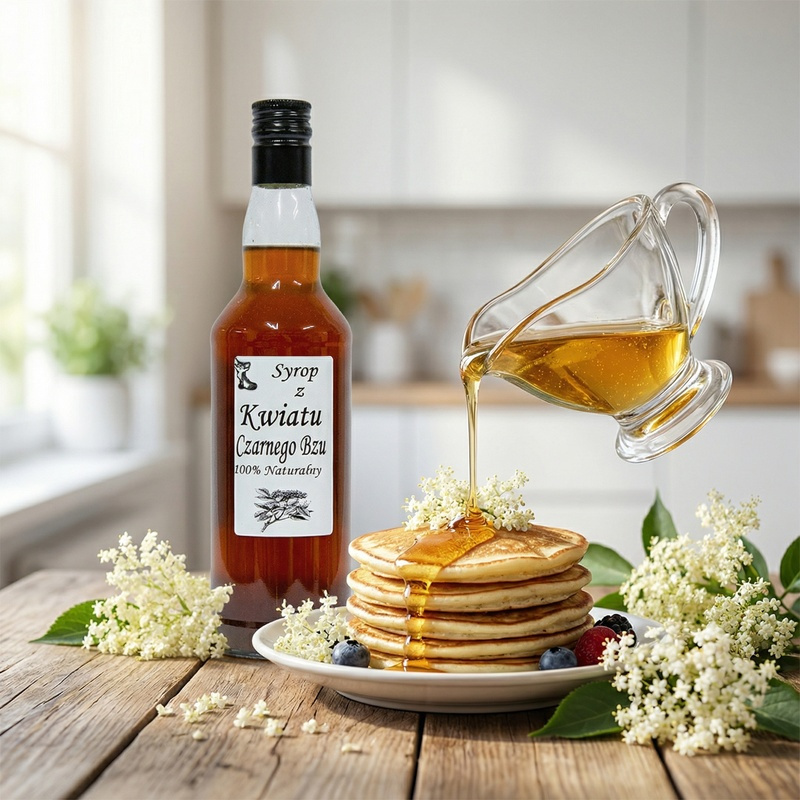 Syrop z Kwiatu Bzu naturalny 500ml na stole