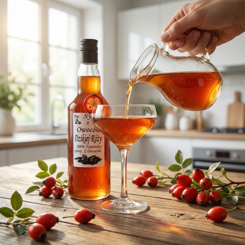 Syrop z Dzikiej Róży naturalny 500ml na stole