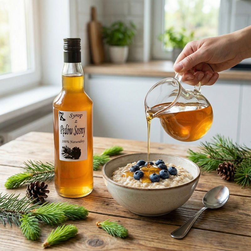 Syrop z Pędów Sosny naturalny 500ml na stole