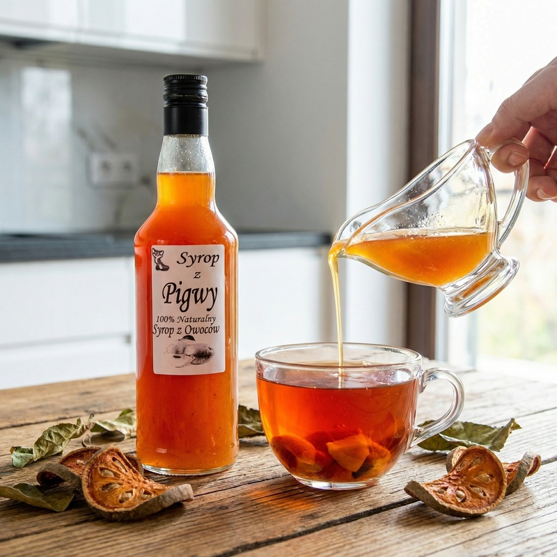 Syrop z Pigwy naturalny 500ml na stole
