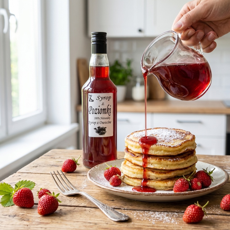Syrop z Poziomek naturalny 500ml na stole